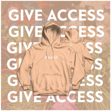 Load image into Gallery viewer, The Kanbe&#39;s Markets Produce Hoodie in Peach. It is a light pink hoodie that says peach on the front.
